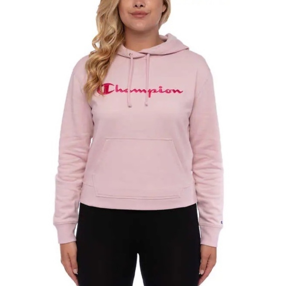 NWT Champion Powerblend Sweatshirt Hoodie Embroidered Script Logo SZ L Hush Pink - Picture 13 of 13